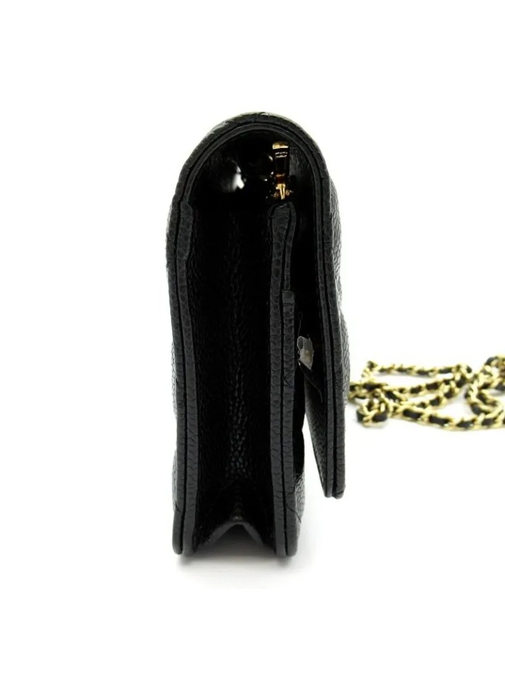 Chanel Quilted Chain Wallet Caviar Leather Shoulder Bag Black